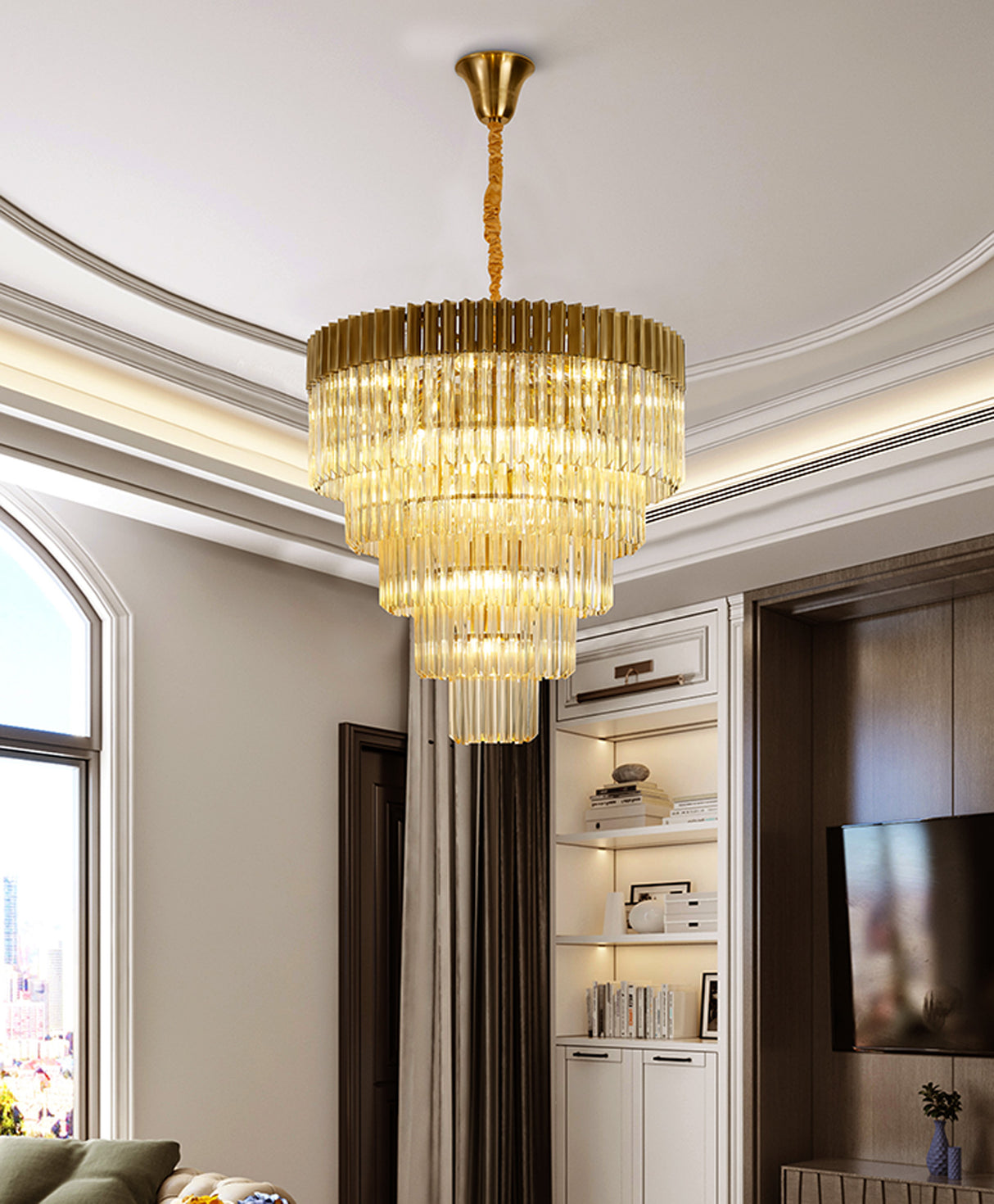 ADH1898 Adhil Round 19 Light 5 Tier Ceiling Pendant Brass/Cognac