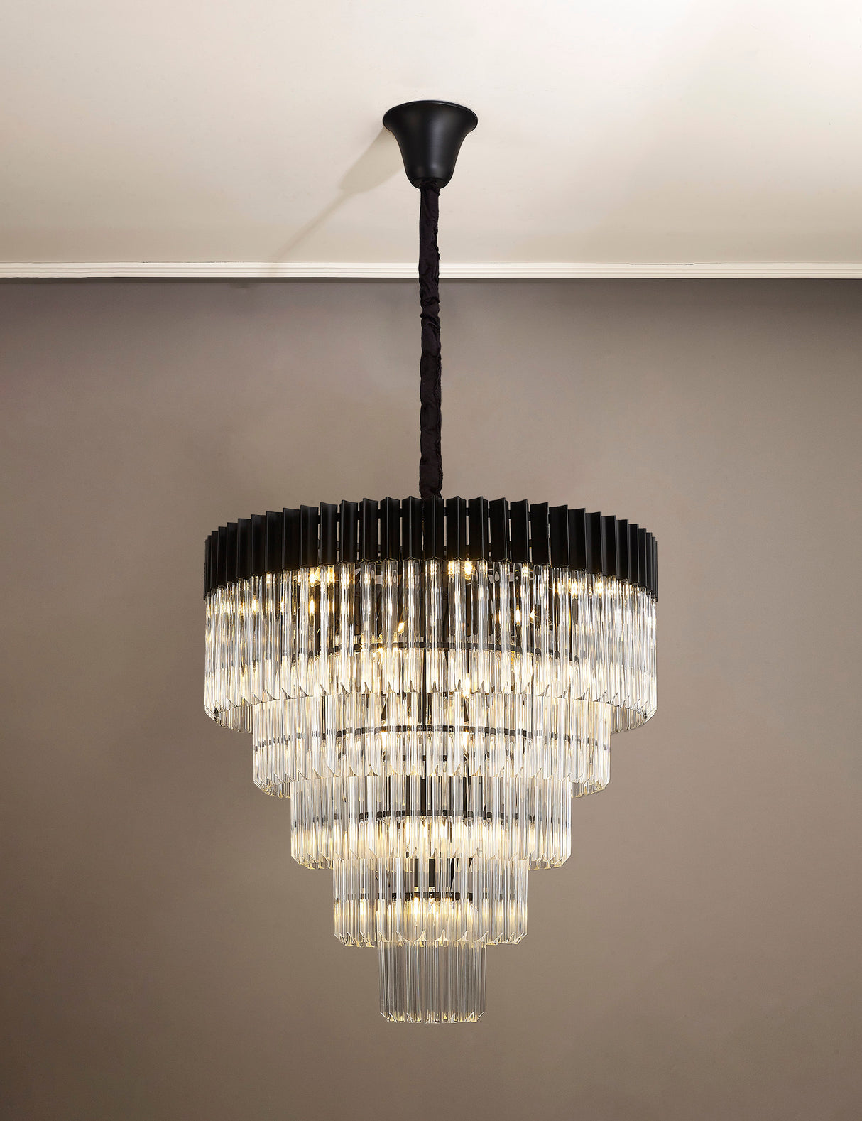 ADH3898 Adhil Round 19 Light 5 Tier Ceiling Pendant Matt Black/Clear