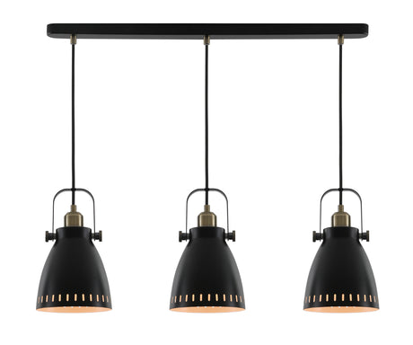 BRA9277 Brachi Linear Pendant 3 Light in a Matt Black/Antique Brass/Khaki Finish