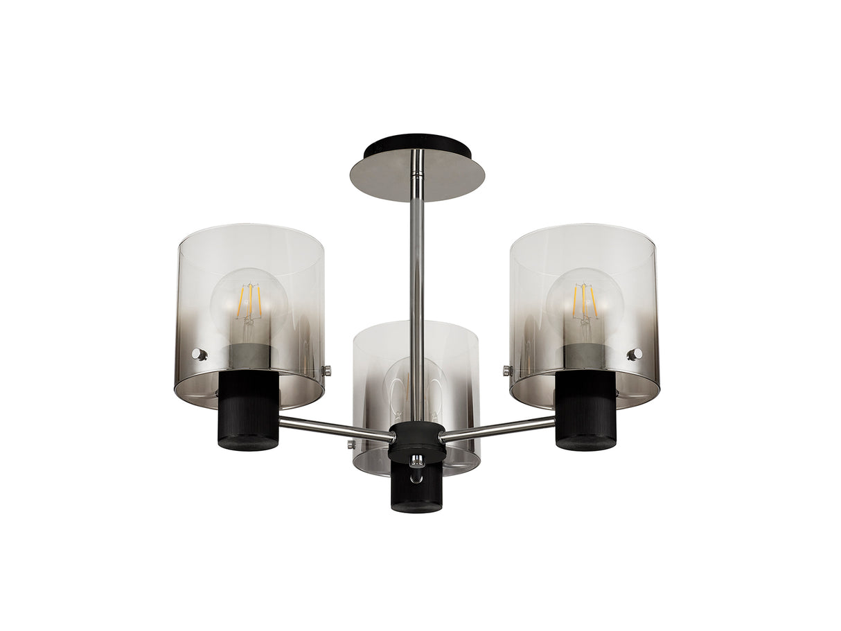 BUN1048 Bunda Semi Flush 3 Light Ceiling Light in a Black/Chrome/Smoke Fade Finish