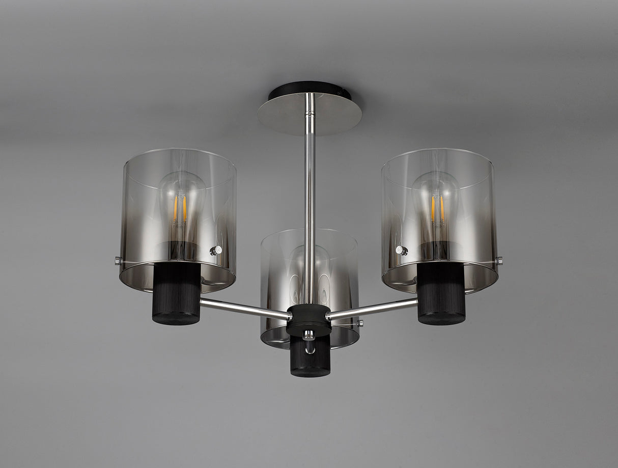 BUN1048 Bunda Semi Flush 3 Light Ceiling Light in a Black/Chrome/Smoke Fade Finish