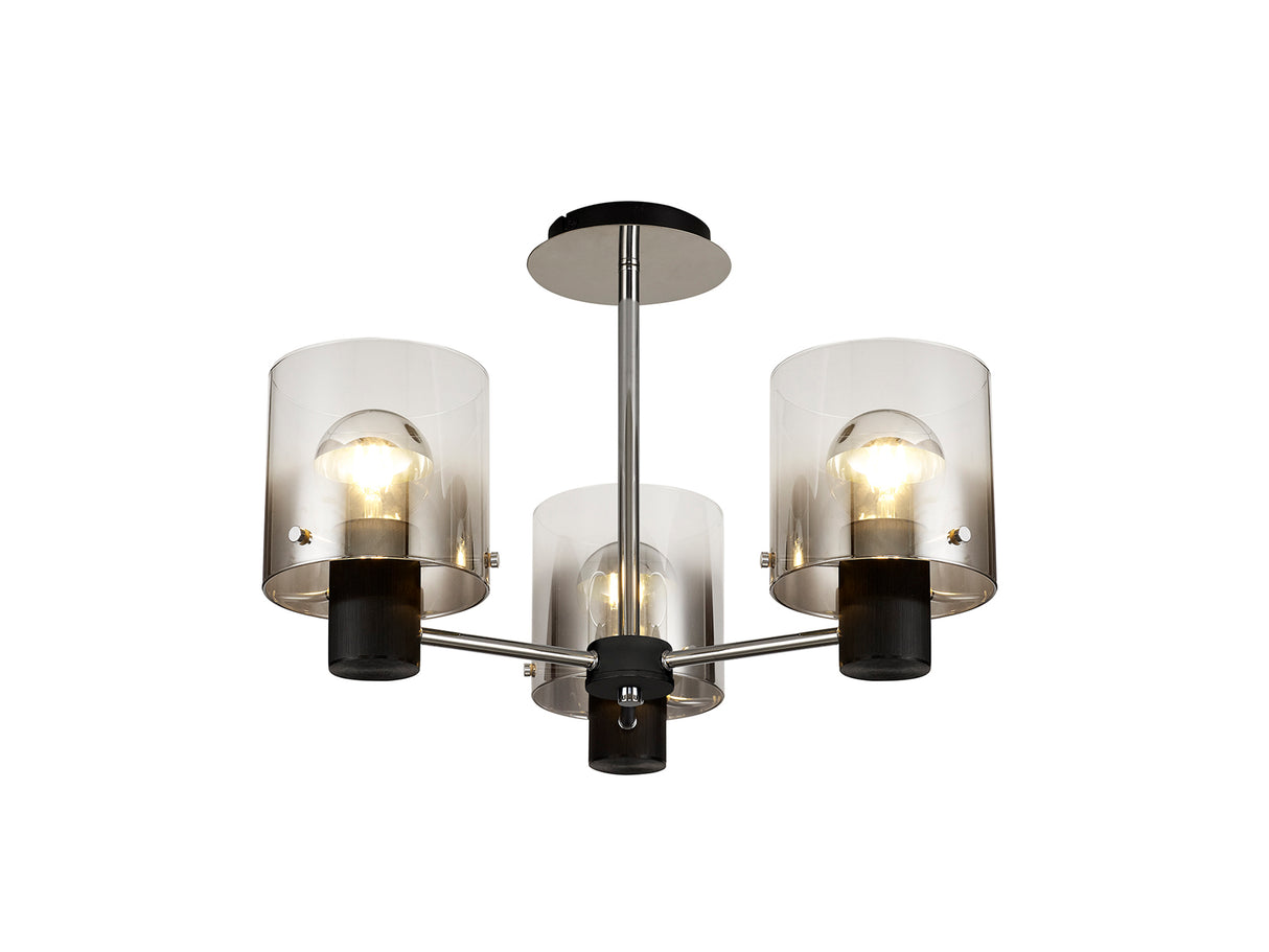 BUN1048 Bunda Semi Flush 3 Light Ceiling Light in a Black/Chrome/Smoke Fade Finish