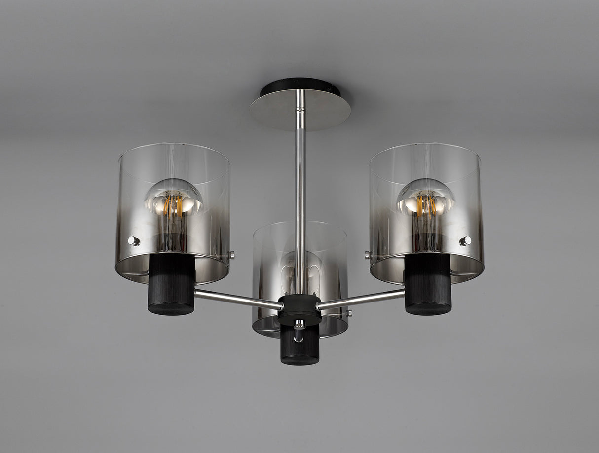 BUN1048 Bunda Semi Flush 3 Light Ceiling Light in a Black/Chrome/Smoke Fade Finish