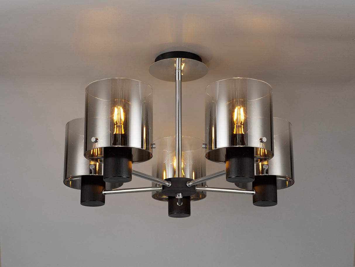 BUN2048 Bunda Semi Flush 5 Light Ceiling Light in a Black/Chrome/Smoke Fade Finish