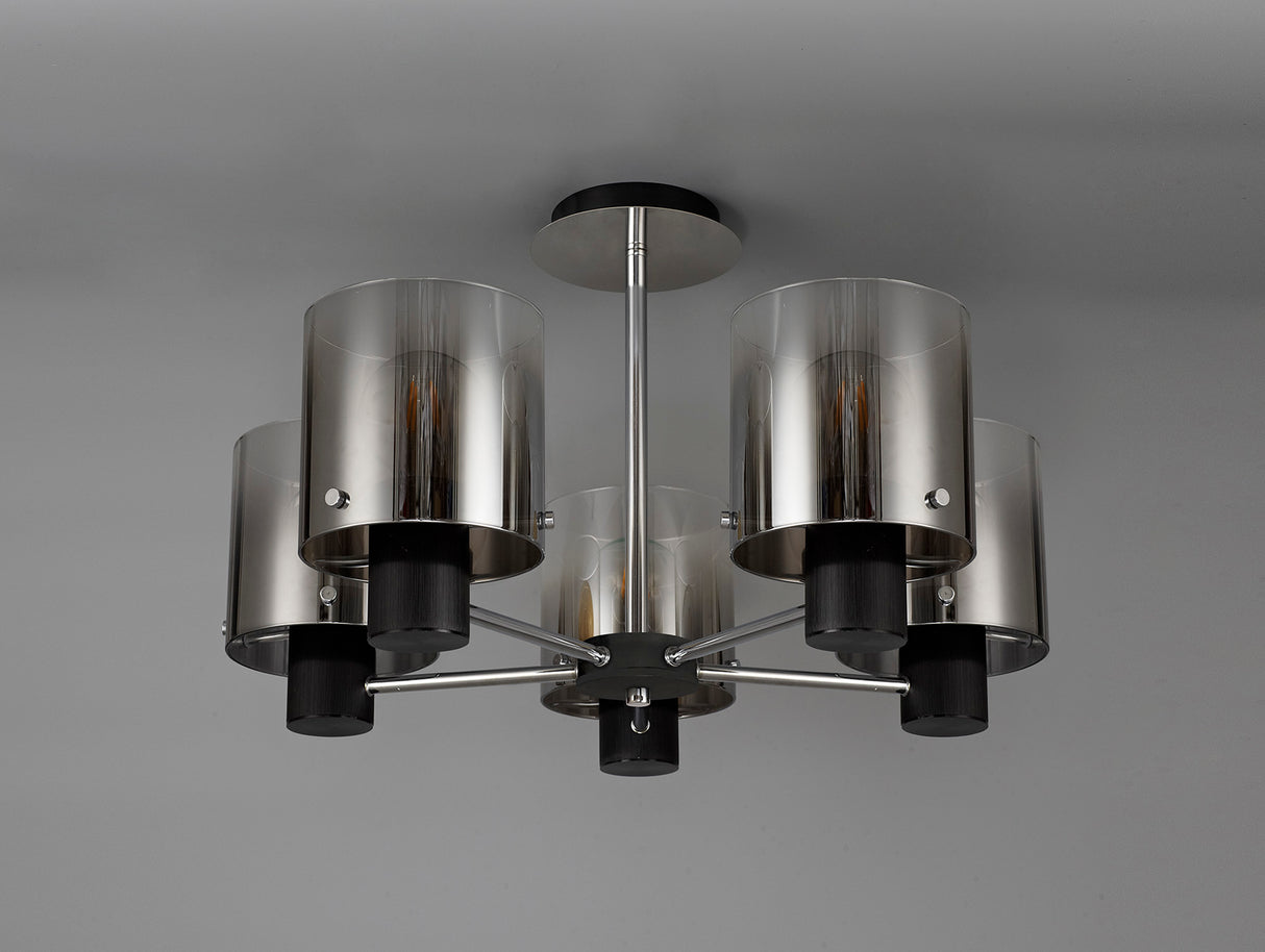 BUN2048 Bunda Semi Flush 5 Light Ceiling Light in a Black/Chrome/Smoke Fade Finish