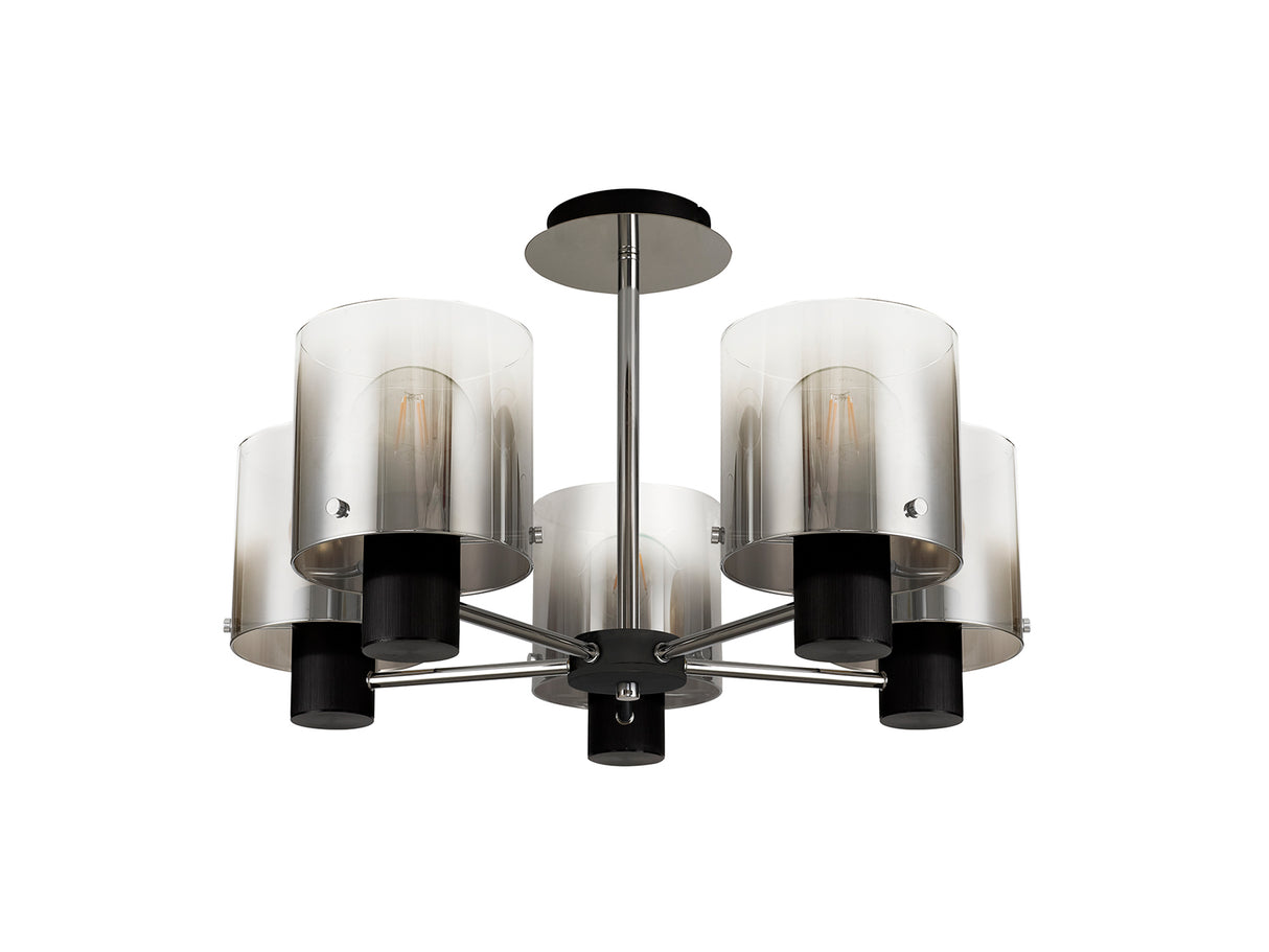 BUN2048 Bunda Semi Flush 5 Light Ceiling Light in a Black/Chrome/Smoke Fade Finish