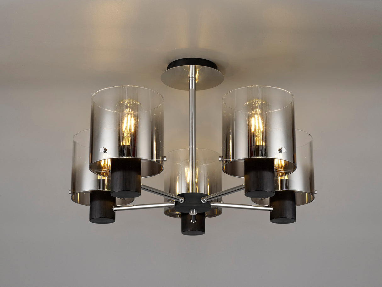 BUN2048 Bunda Semi Flush 5 Light Ceiling Light in a Black/Chrome/Smoke Fade Finish