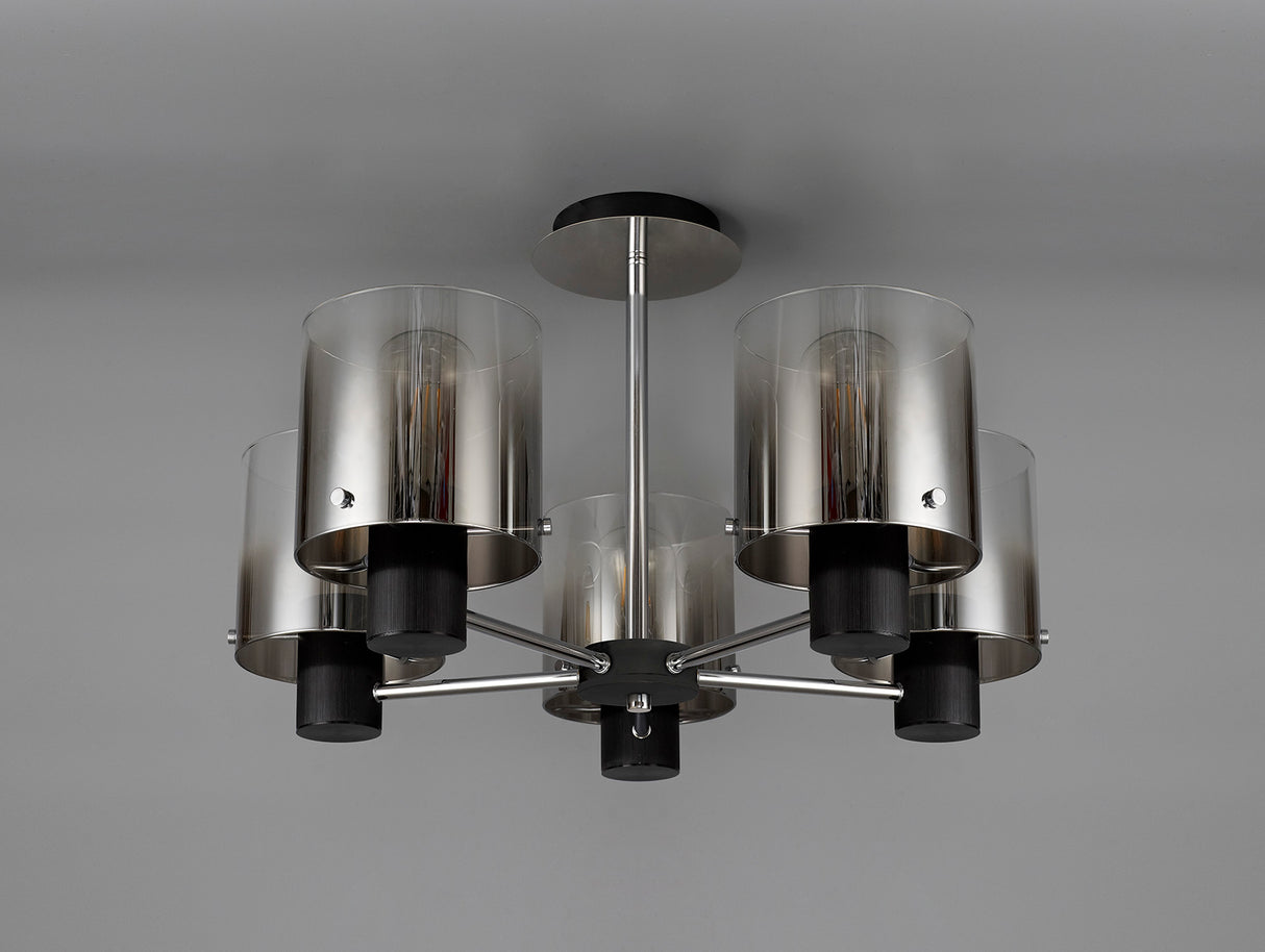 BUN2048 Bunda Semi Flush 5 Light Ceiling Light in a Black/Chrome/Smoke Fade Finish