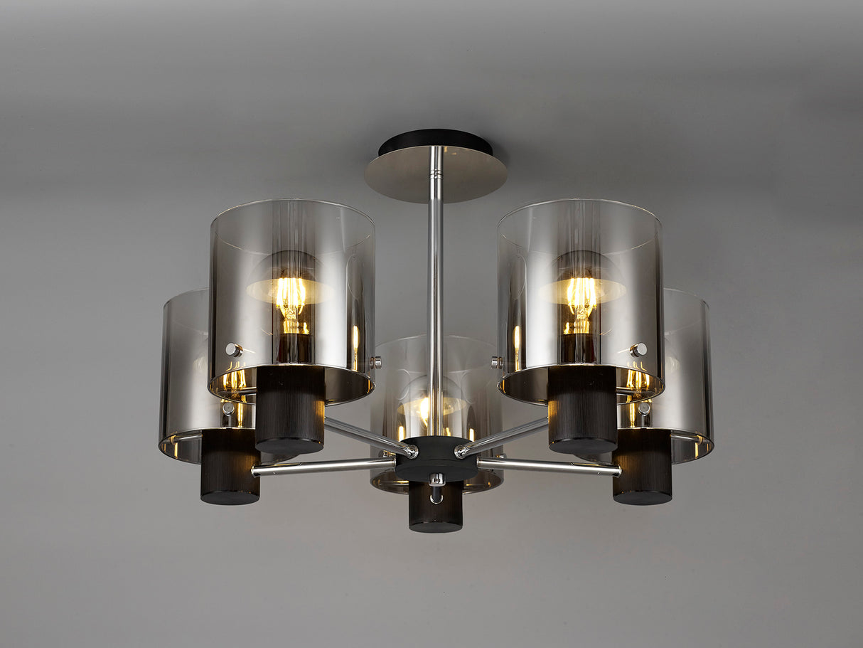 BUN2048 Bunda Semi Flush 5 Light Ceiling Light in a Black/Chrome/Smoke Fade Finish