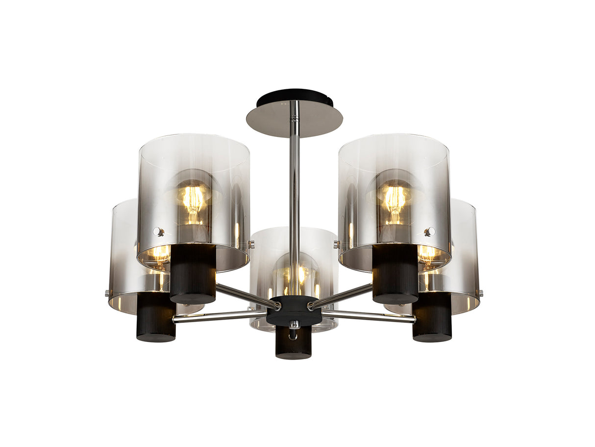 BUN2048 Bunda Semi Flush 5 Light Ceiling Light in a Black/Chrome/Smoke Fade Finish