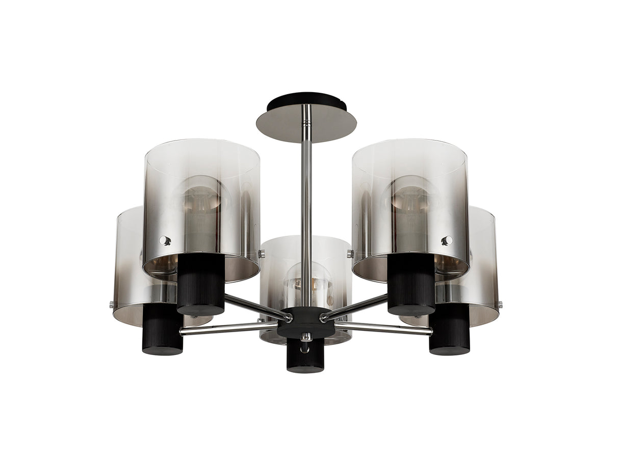 BUN2048 Bunda Semi Flush 5 Light Ceiling Light in a Black/Chrome/Smoke Fade Finish