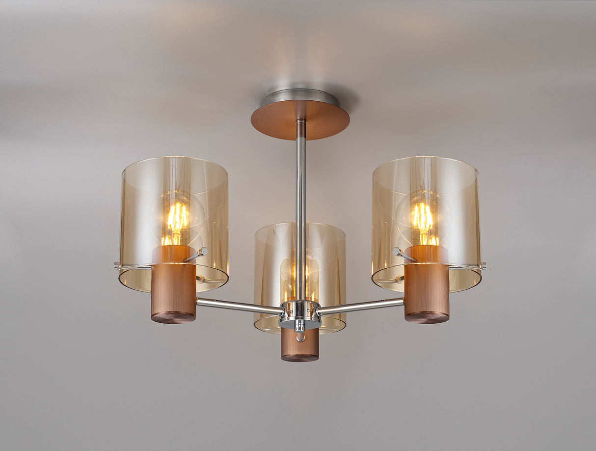 BUN3048 Bunda Semi Flush 3 Light Ceiling Light Mocha/Chrome/Amber