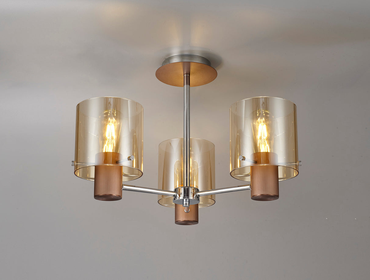 BUN3048 Bunda Semi Flush 3 Light Ceiling Light Mocha/Chrome/Amber