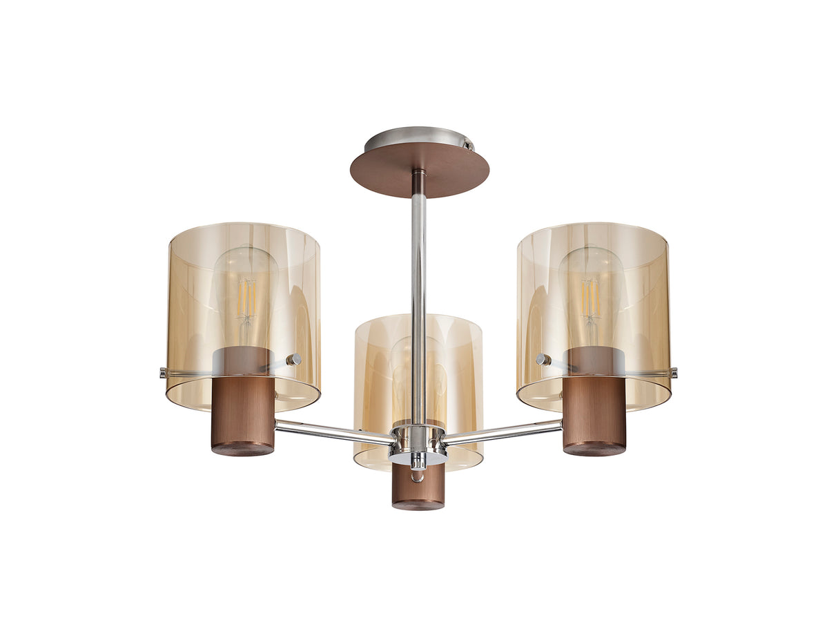 BUN3048 Bunda Semi Flush 3 Light Ceiling Light Mocha/Chrome/Amber