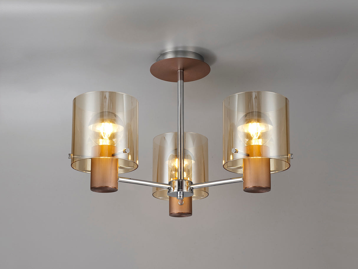 BUN3048 Bunda Semi Flush 3 Light Ceiling Light Mocha/Chrome/Amber