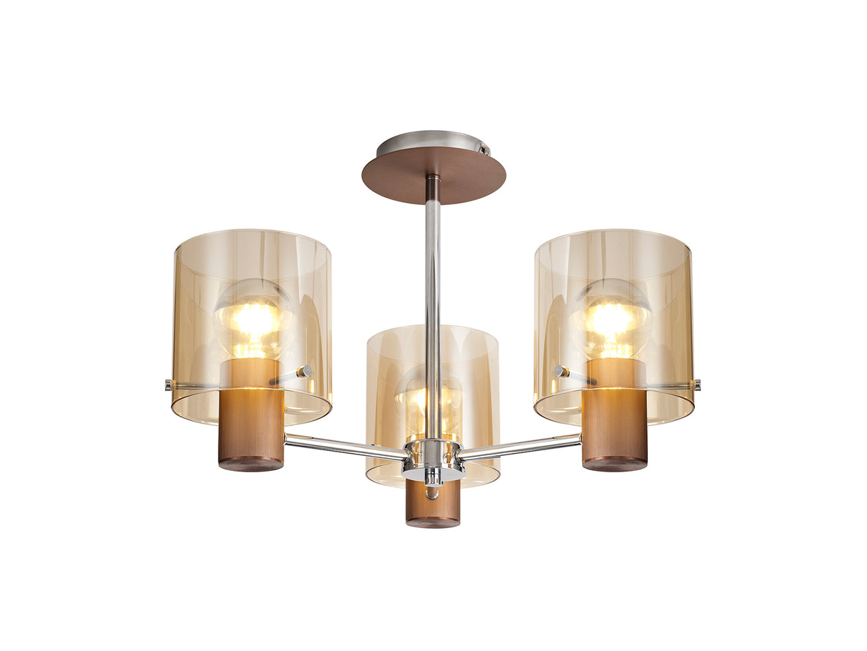 BUN3048 Bunda Semi Flush 3 Light Ceiling Light Mocha/Chrome/Amber