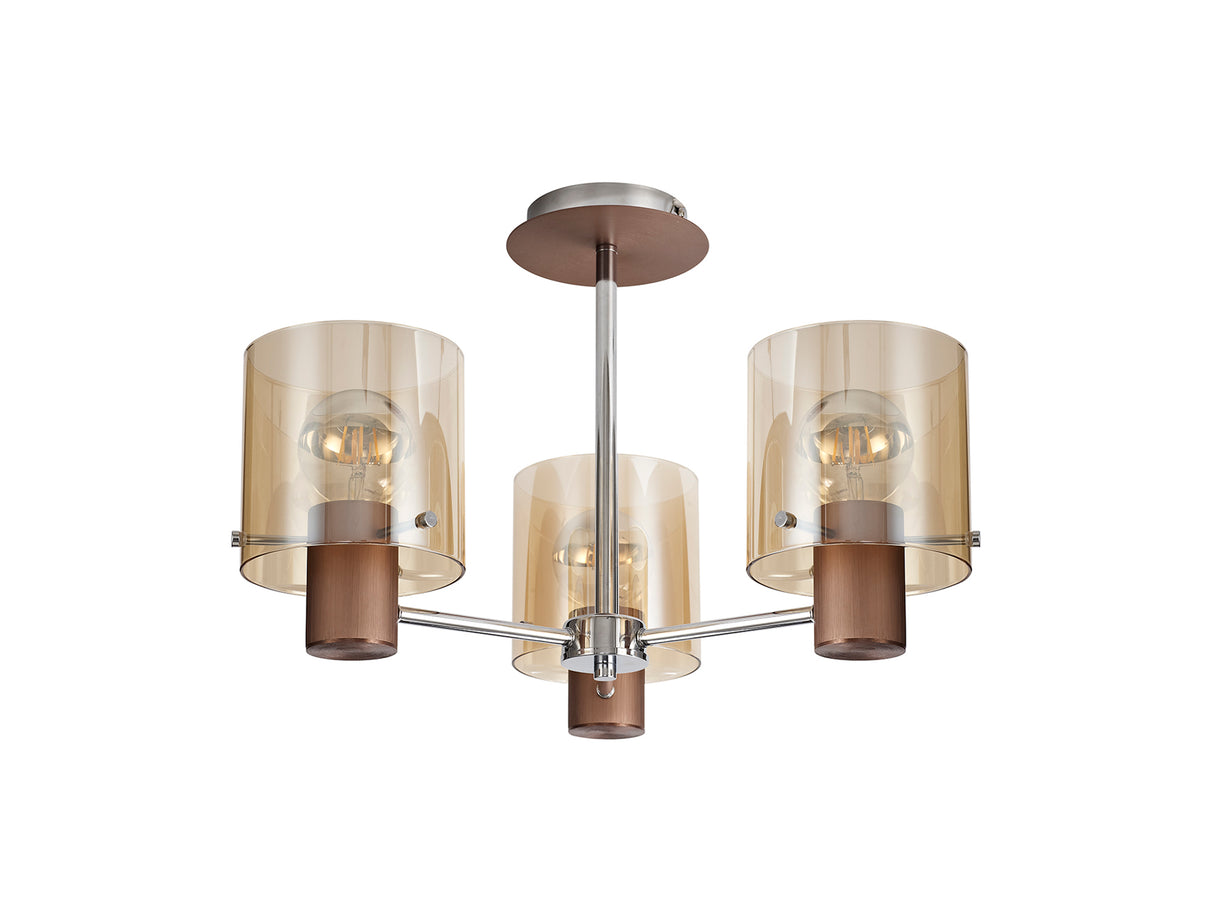 BUN3048 Bunda Semi Flush 3 Light Ceiling Light Mocha/Chrome/Amber