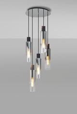 BUN0948 Bunda Slim Round 5 Light Pendant in a Black/Chrome/Smoke Fade Finish