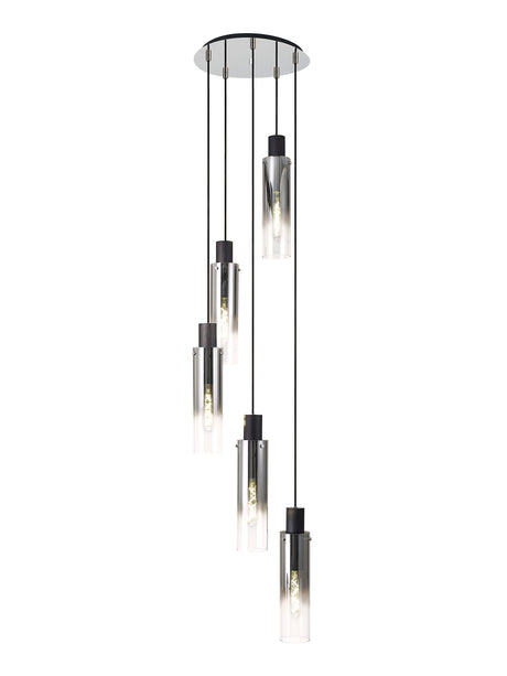 BUN0948 Bunda Slim Round 5 Light Pendant in a Black/Chrome/Smoke Fade Finish