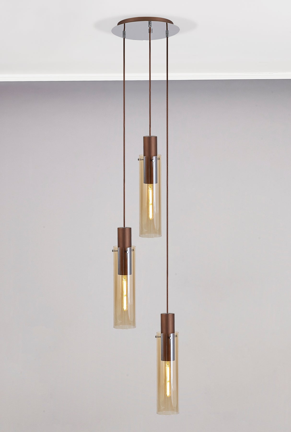 BUN5619 Bunda Slim 3 Light Pendant Mocha/Chrome/Amber