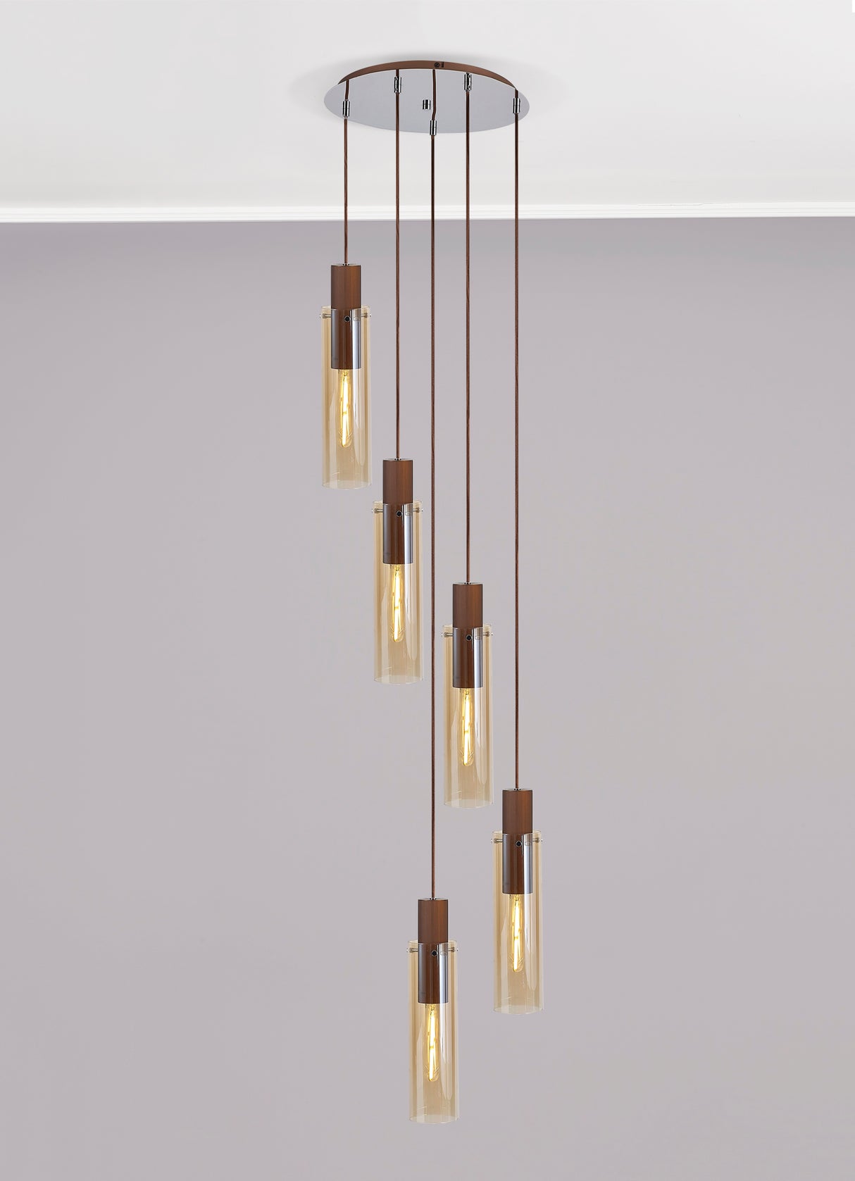 BUN6619 Bunda Slim 5 Light Pendant Mocha/Chrome/Amber