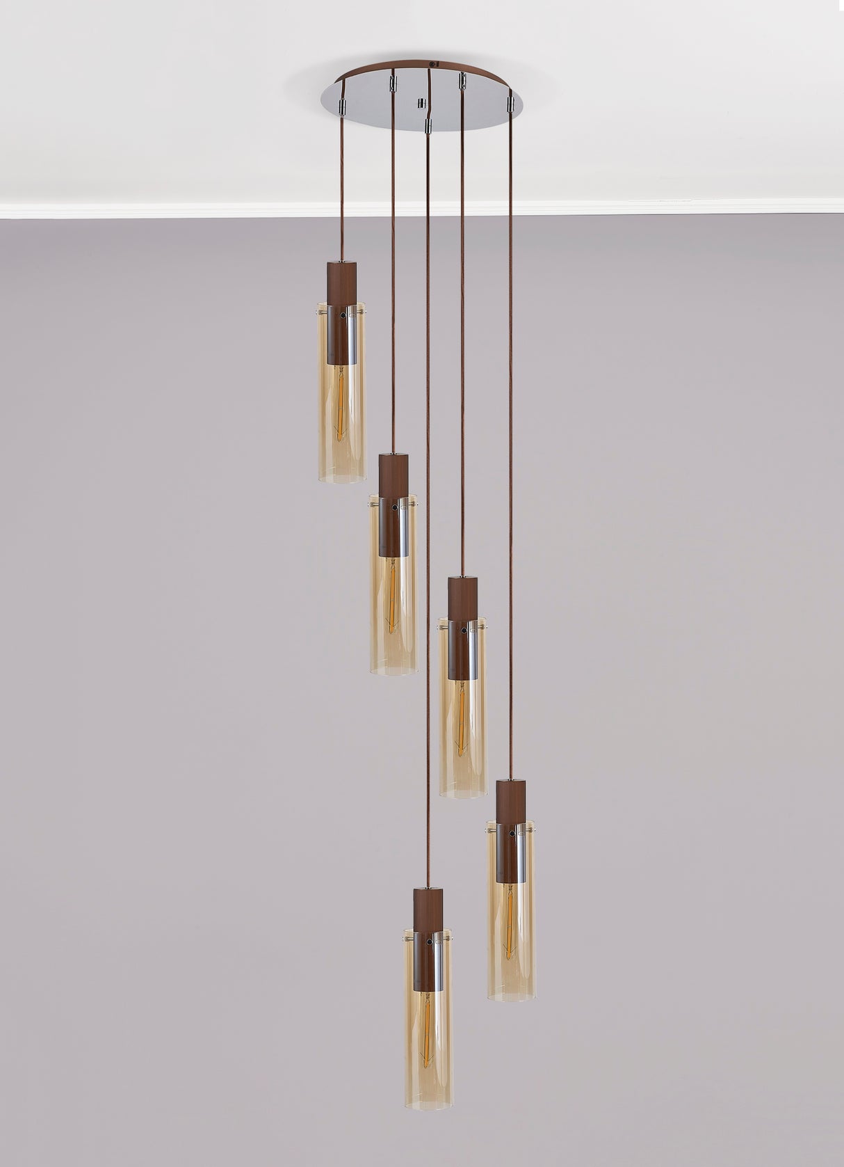 BUN6619 Bunda Slim 5 Light Pendant Mocha/Chrome/Amber