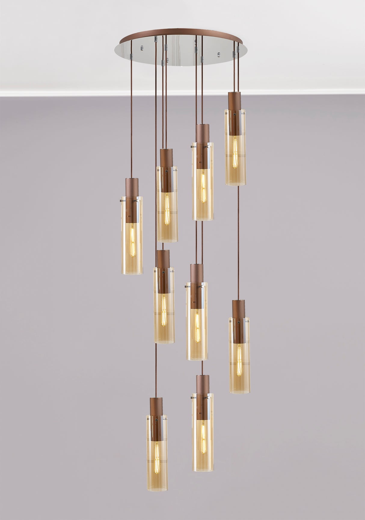 BUN7619 Bunda Slim 9 Light Pendant Mocha/Chrome/Amber