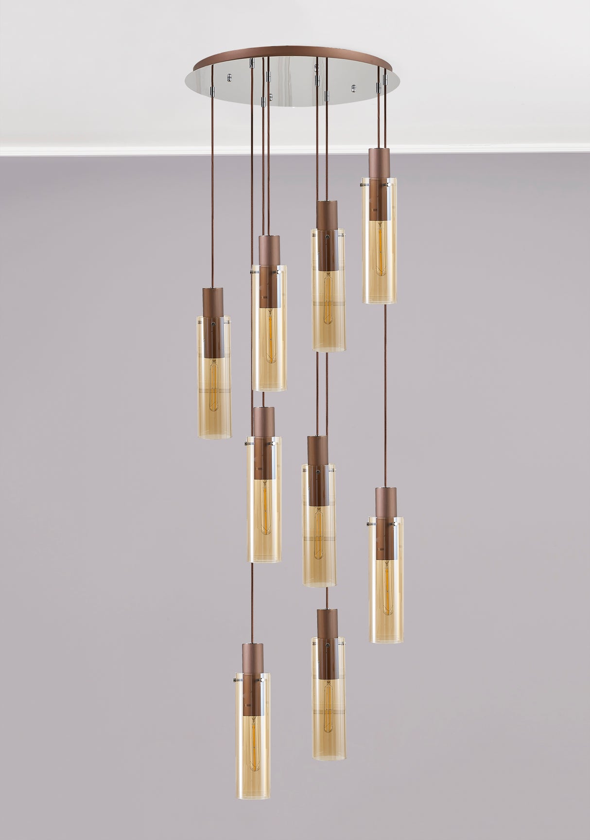 BUN7619 Bunda Slim 9 Light Pendant Mocha/Chrome/Amber