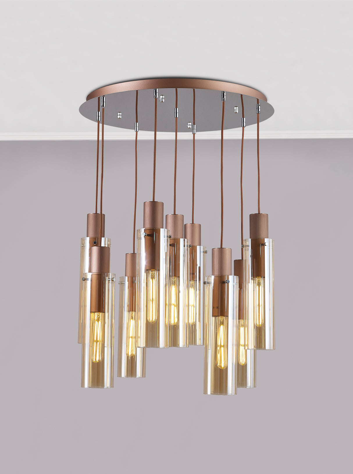 BUN7619 Bunda Slim 9 Light Pendant Mocha/Chrome/Amber