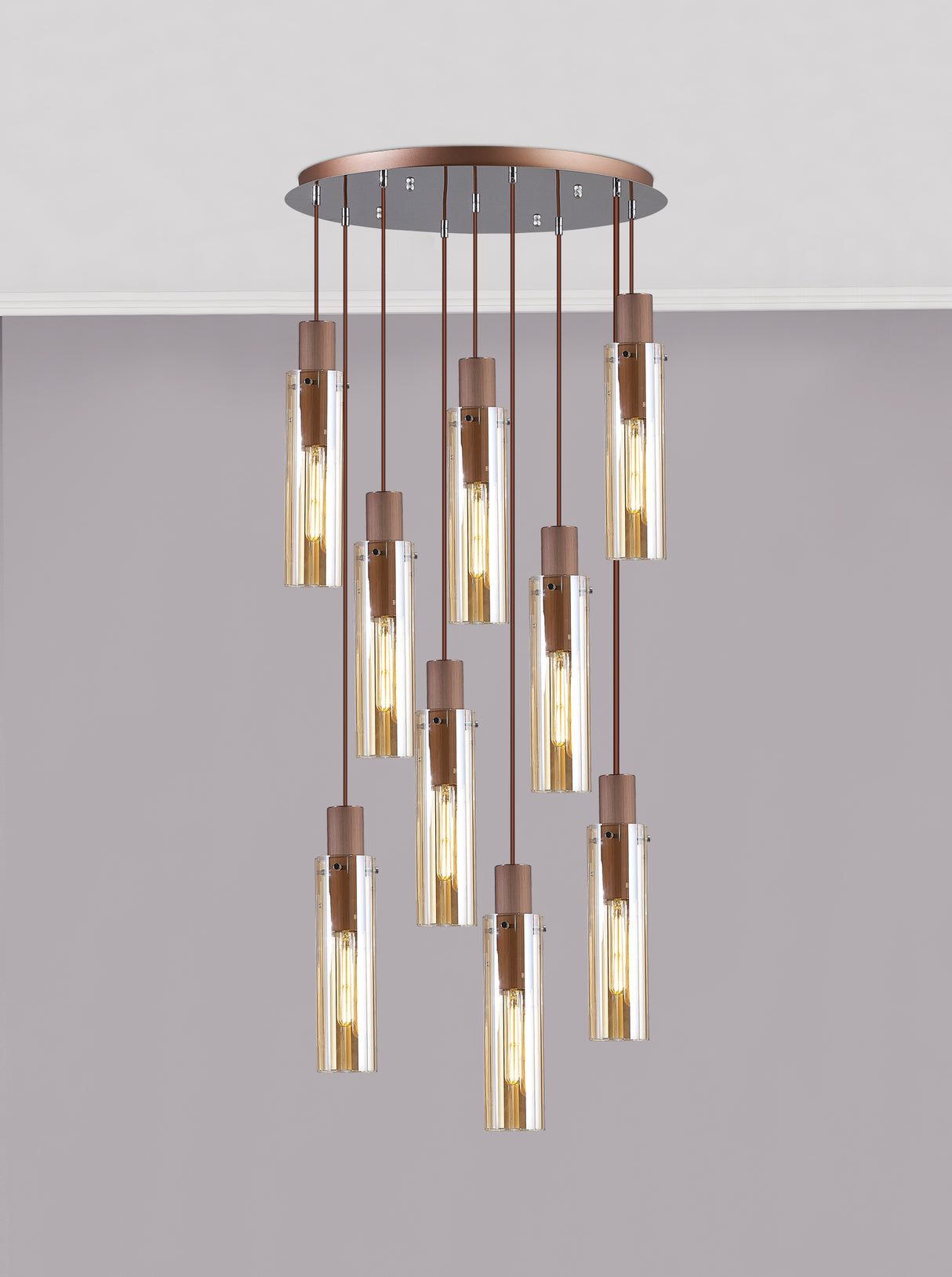 BUN7619 Bunda Slim 9 Light Pendant Mocha/Chrome/Amber