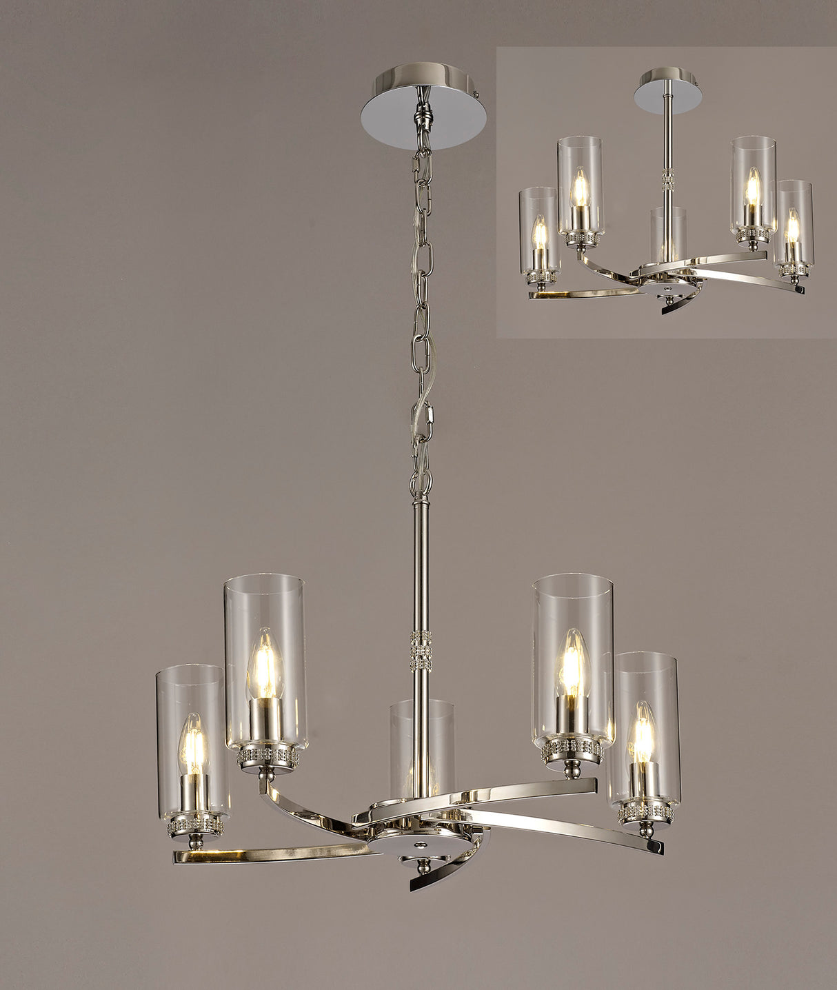 DAB0137 Dabih Pendant/Semi Ceiling 5 Light in a Polished Nickel/Clear Finish and Clear Crystal