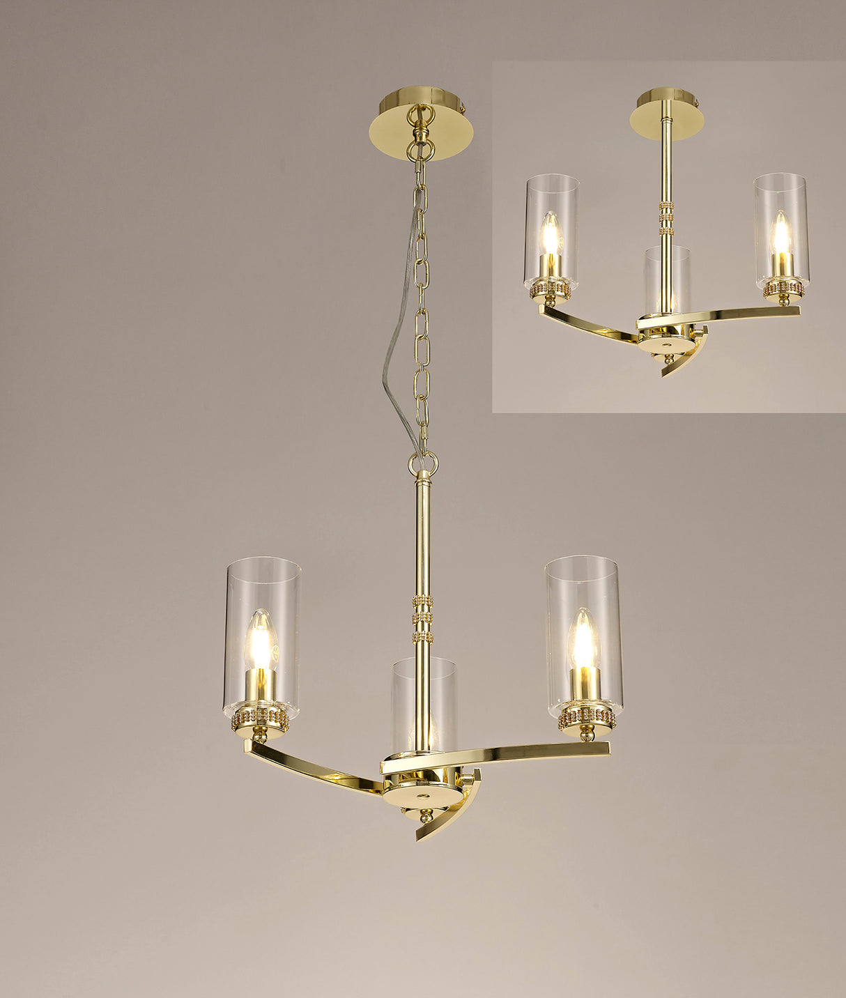 DAB0237 Dabih Pendant/Semi Ceiling 3 Light in a Polished Gold/Clear Finish and Clear Crystal