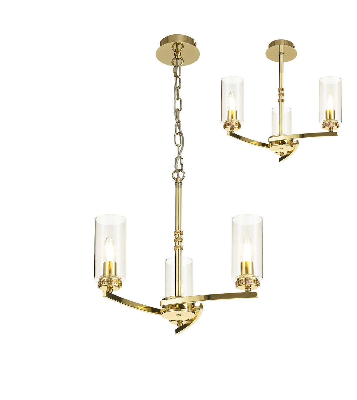 DAB0237 Dabih Pendant/Semi Ceiling 3 Light in a Polished Gold/Clear Finish and Clear Crystal