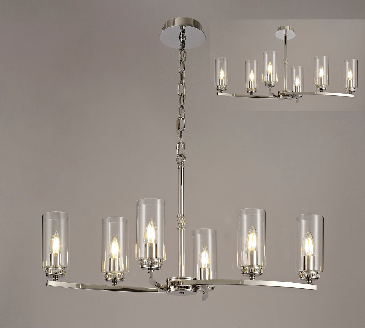 DAB1137 Dabih Rectangular Pendant/Semi Ceiling 6 Light in a Polished Nickel/Clear Finish and Clear Crystal