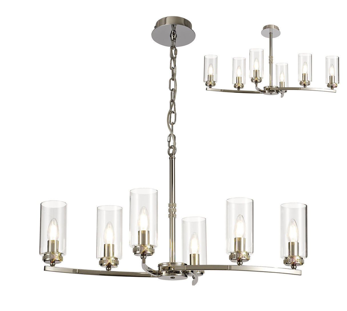 DAB1137 Dabih Rectangular Pendant/Semi Ceiling 6 Light in a Polished Nickel/Clear Finish and Clear Crystal