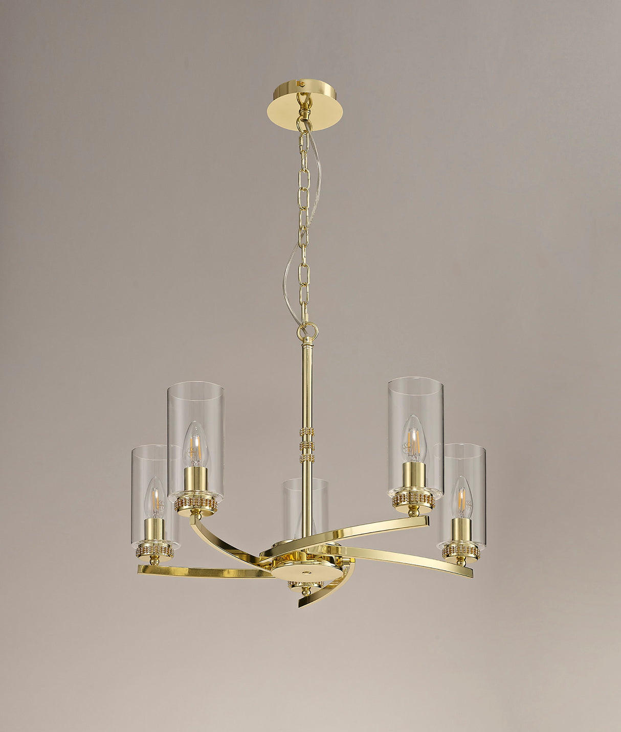 DAB1237 Dabih Pendant/Semi Ceiling 5 Light in a Polished Gold/Clear Finish and Clear Crystal