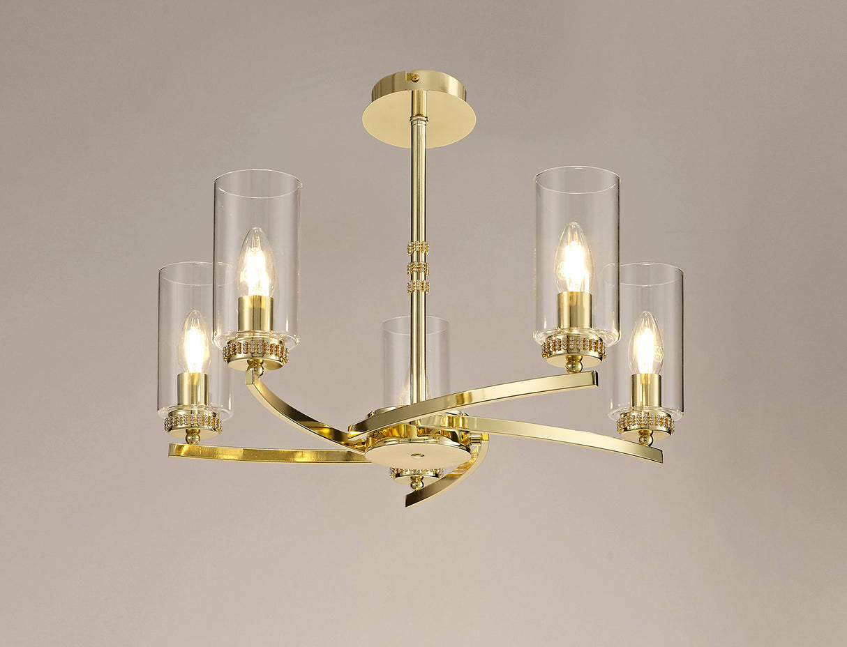 DAB1237 Dabih Pendant/Semi Ceiling 5 Light in a Polished Gold/Clear Finish and Clear Crystal