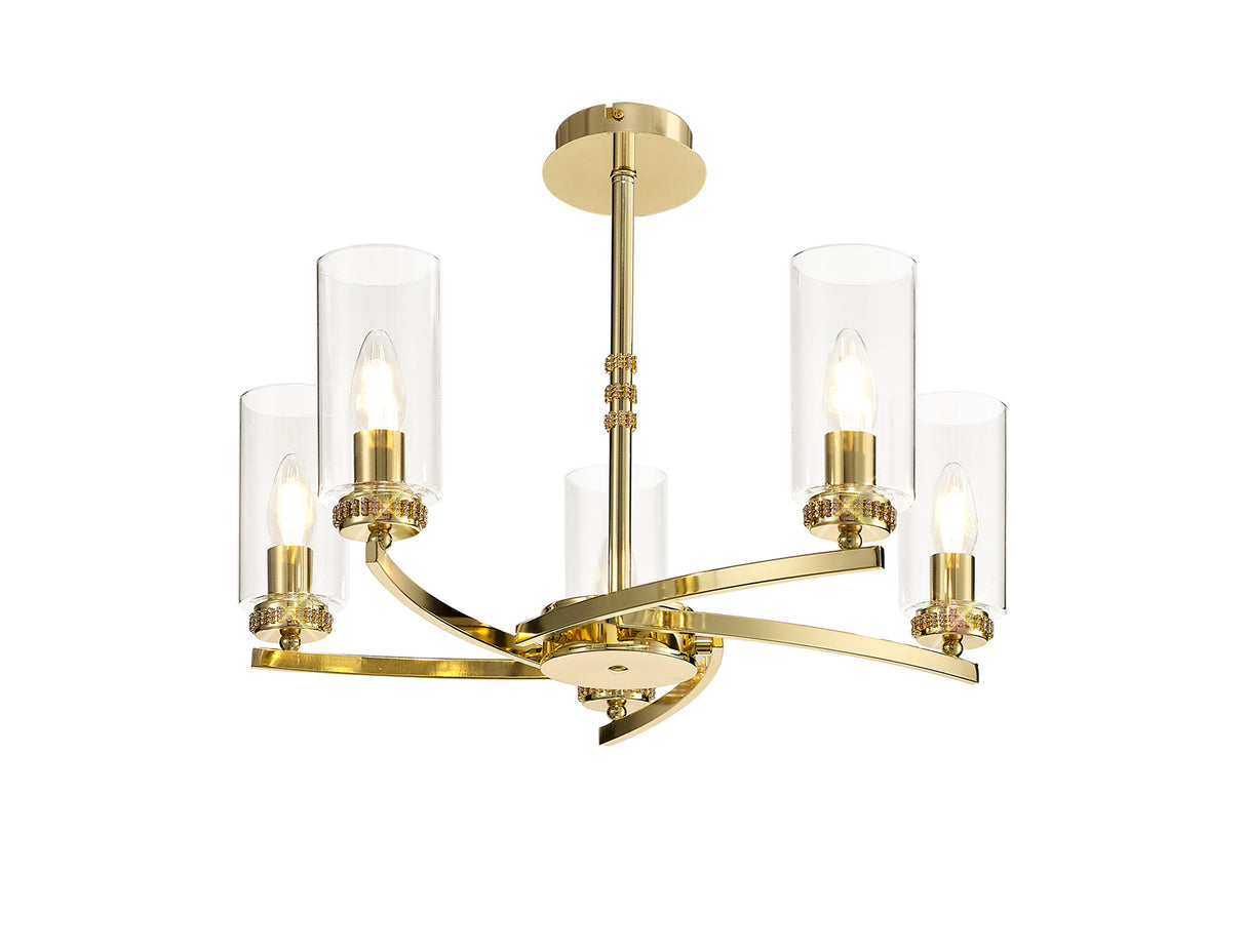 DAB1237 Dabih Pendant/Semi Ceiling 5 Light in a Polished Gold/Clear Finish and Clear Crystal