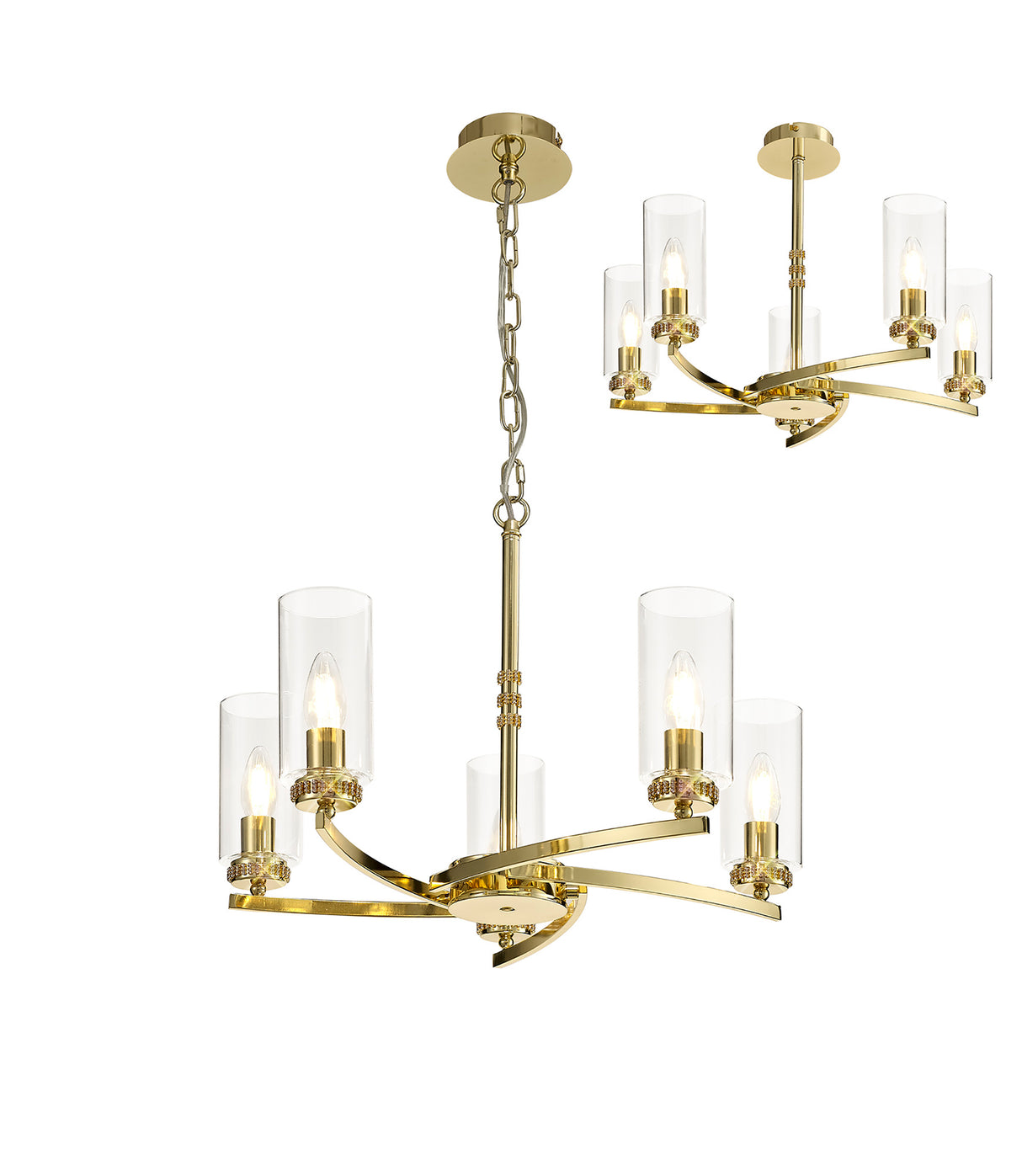 DAB1237 Dabih Pendant/Semi Ceiling 5 Light in a Polished Gold/Clear Finish and Clear Crystal