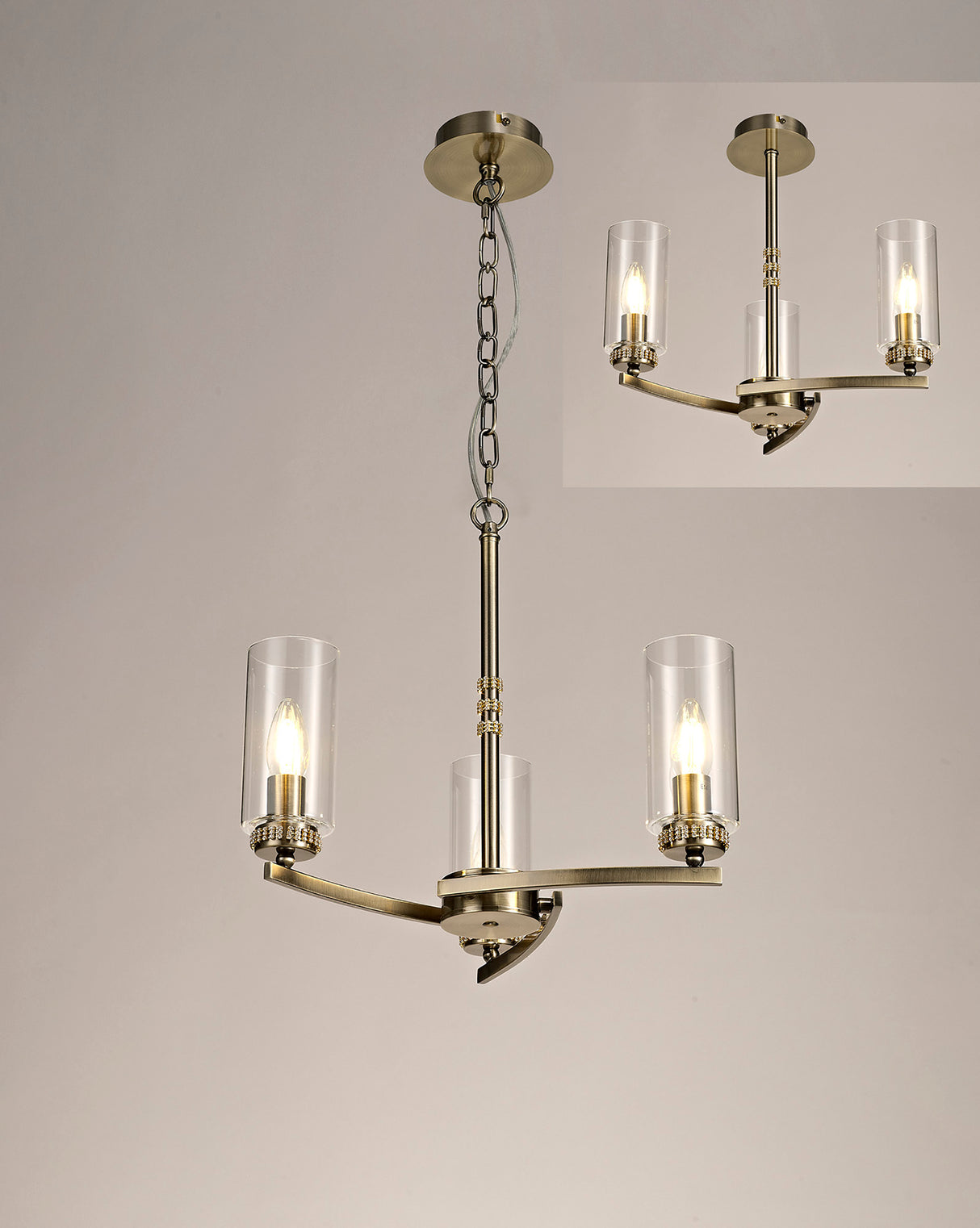 DAB5237 Dabih Pendant/Semi Ceiling 3 Light in a Antique Brass/Clear Finish and Clear Crystal