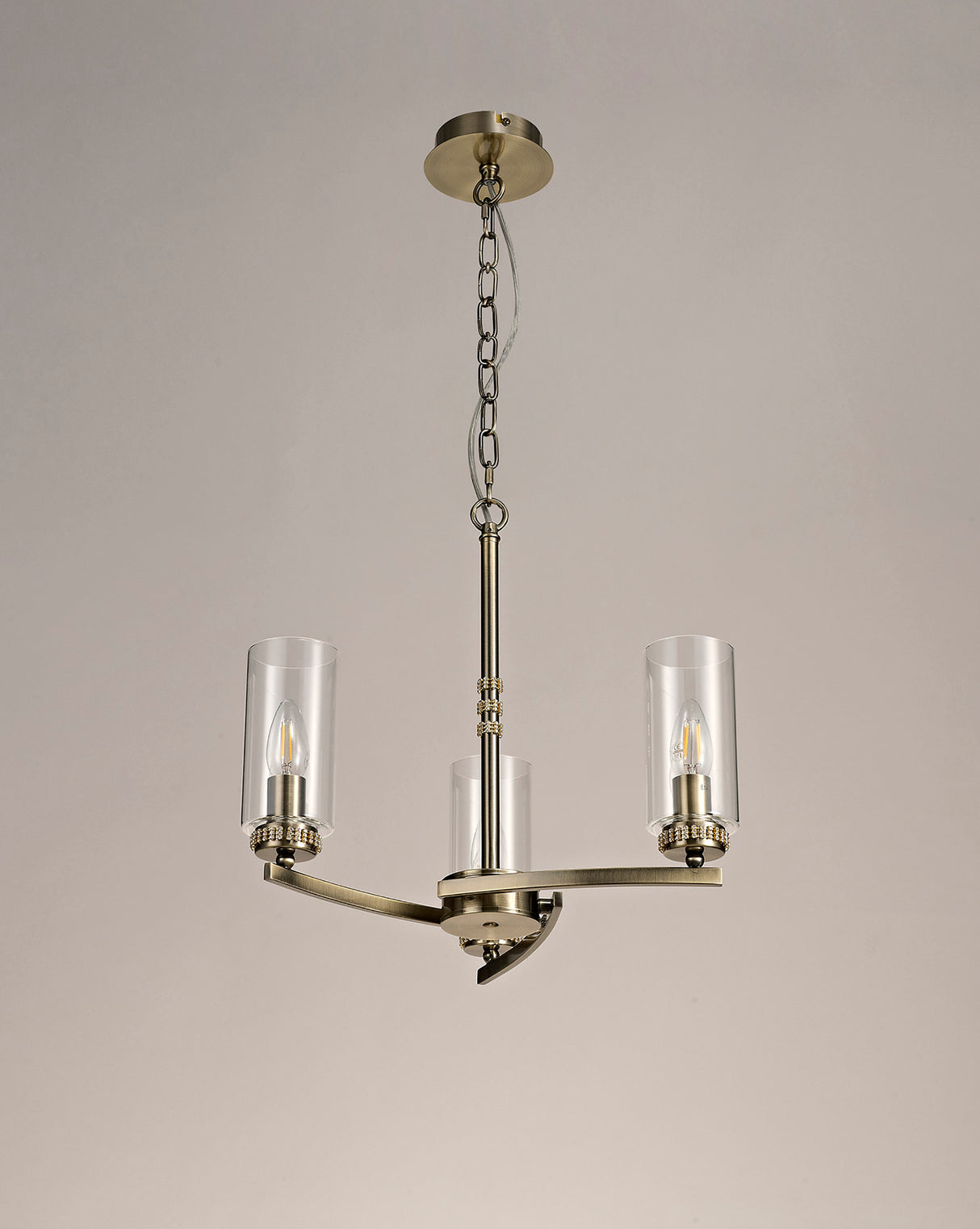 DAB5237 Dabih Pendant/Semi Ceiling 3 Light in a Antique Brass/Clear Finish and Clear Crystal