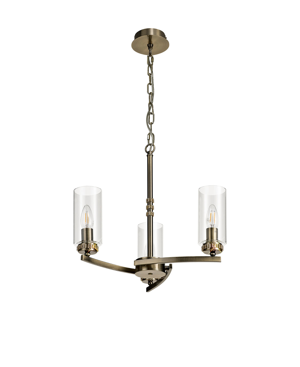 DAB5237 Dabih Pendant/Semi Ceiling 3 Light in a Antique Brass/Clear Finish and Clear Crystal