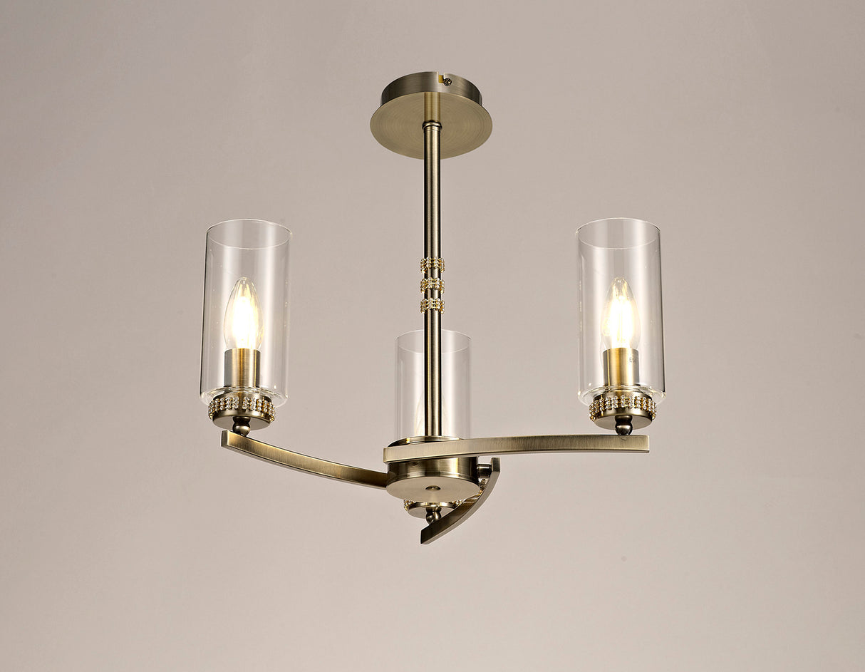 DAB5237 Dabih Pendant/Semi Ceiling 3 Light in a Antique Brass/Clear Finish and Clear Crystal