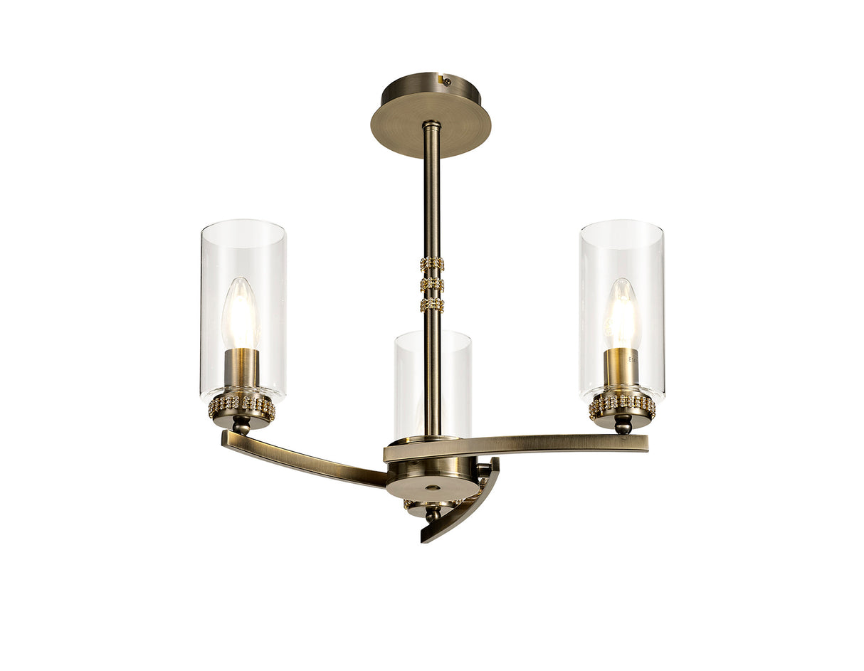 DAB5237 Dabih Pendant/Semi Ceiling 3 Light in a Antique Brass/Clear Finish and Clear Crystal