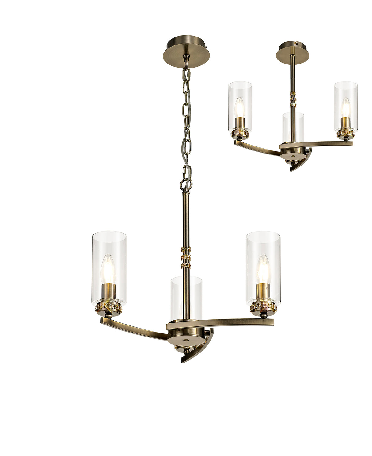 DAB5237 Dabih Pendant/Semi Ceiling 3 Light in a Antique Brass/Clear Finish and Clear Crystal