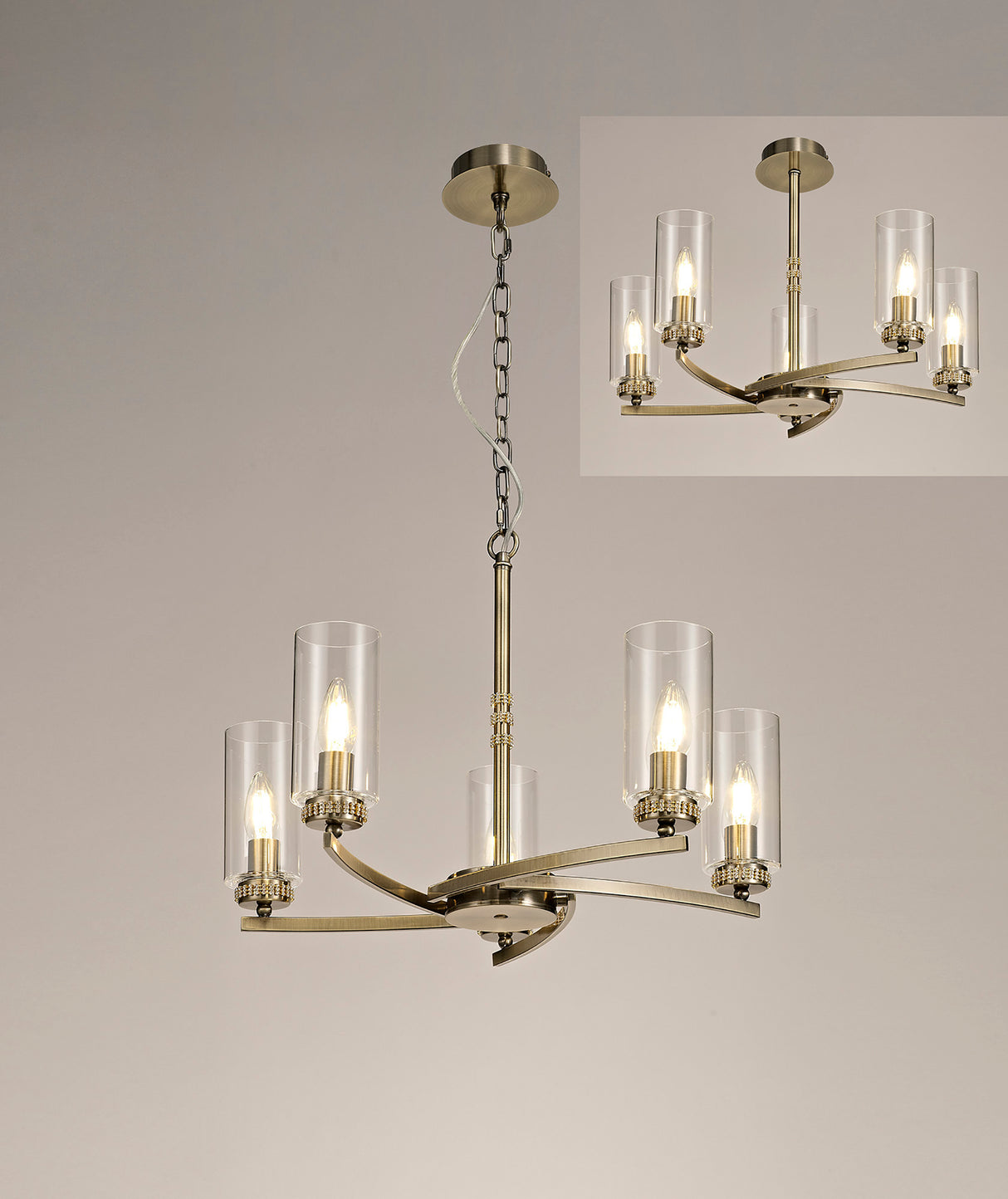 DAB6237 Dabih Pendant/Semi Ceiling 5 Light in a Antique Brass/Clear Finish and Clear Crystal