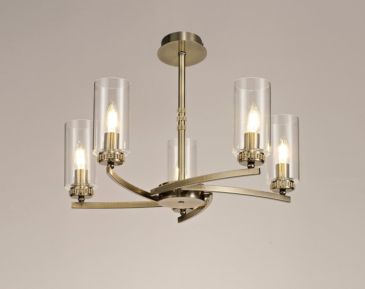 DAB6237 Dabih Pendant/Semi Ceiling 5 Light in a Antique Brass/Clear Finish and Clear Crystal