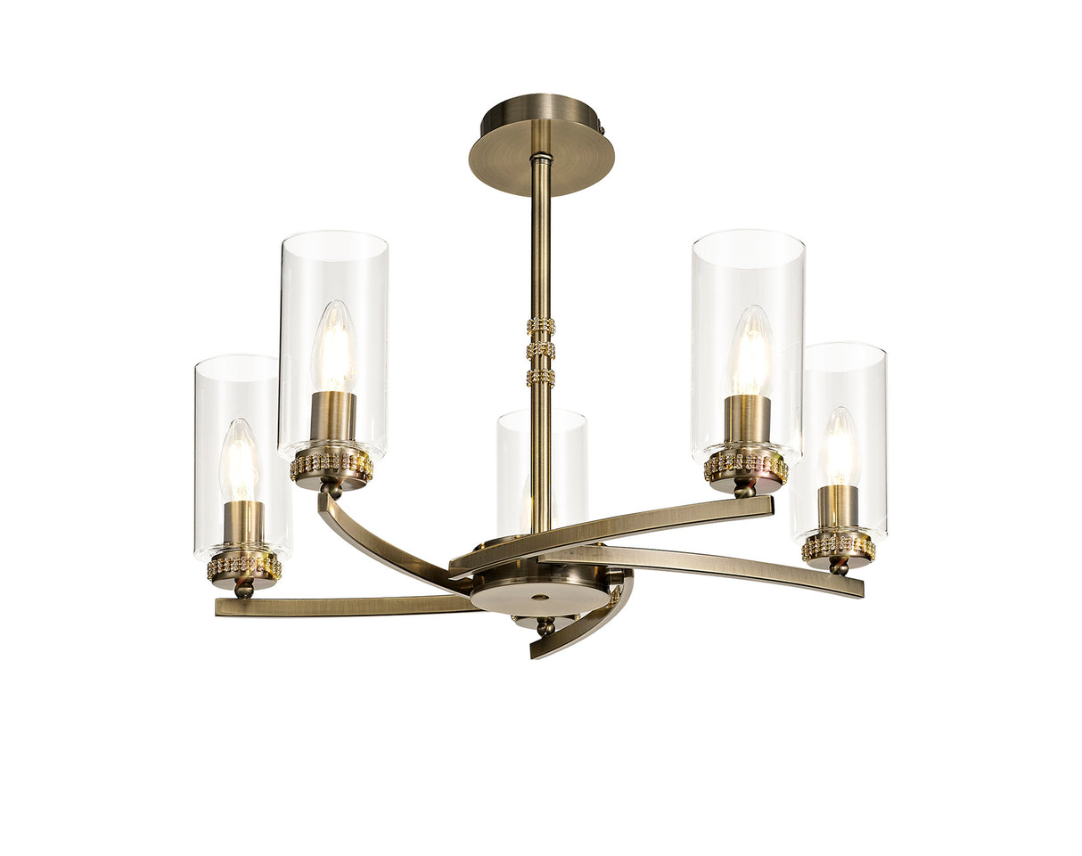 DAB6237 Dabih Pendant/Semi Ceiling 5 Light in a Antique Brass/Clear Finish and Clear Crystal