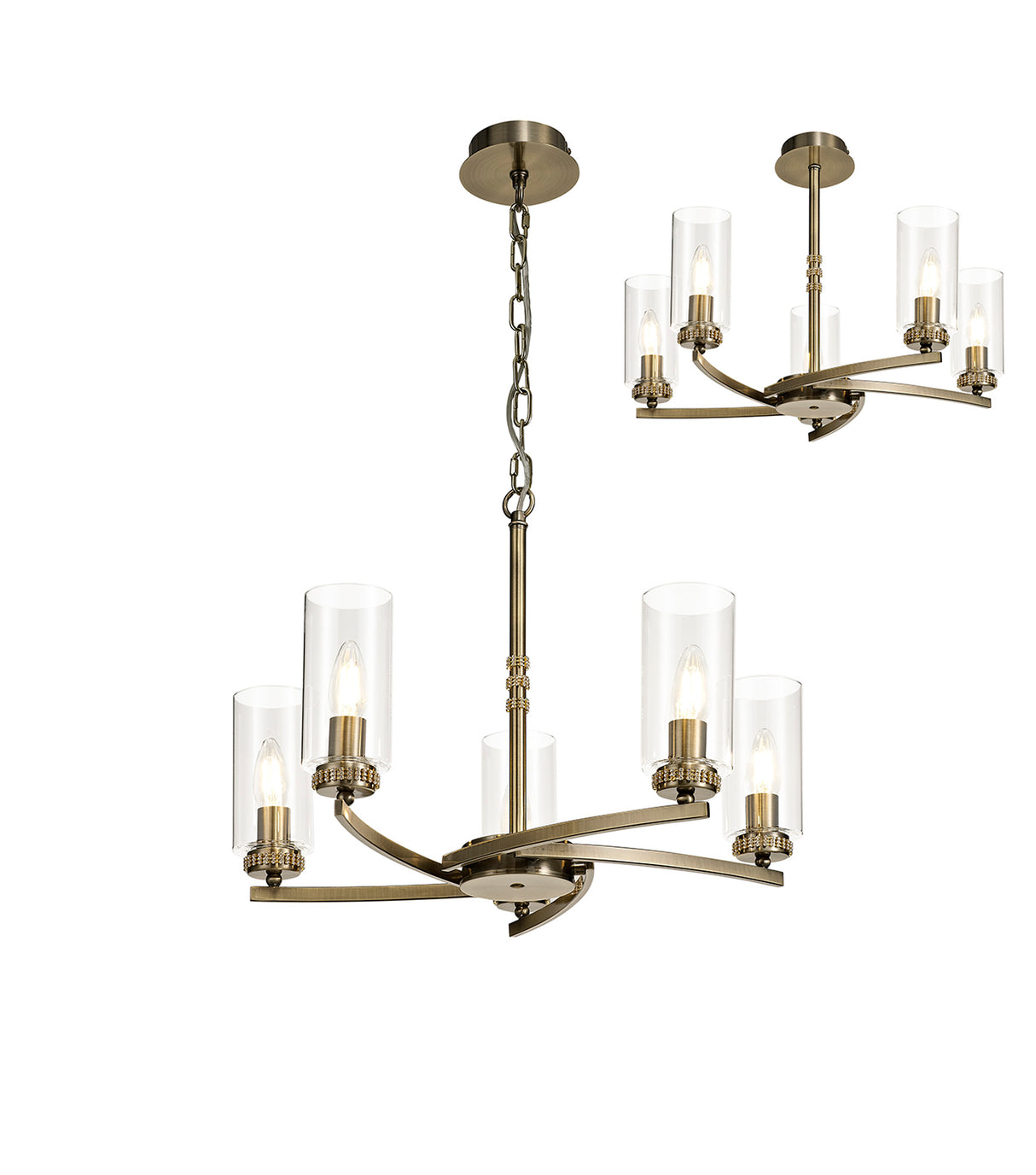 DAB6237 Dabih Pendant/Semi Ceiling 5 Light in a Antique Brass/Clear Finish and Clear Crystal