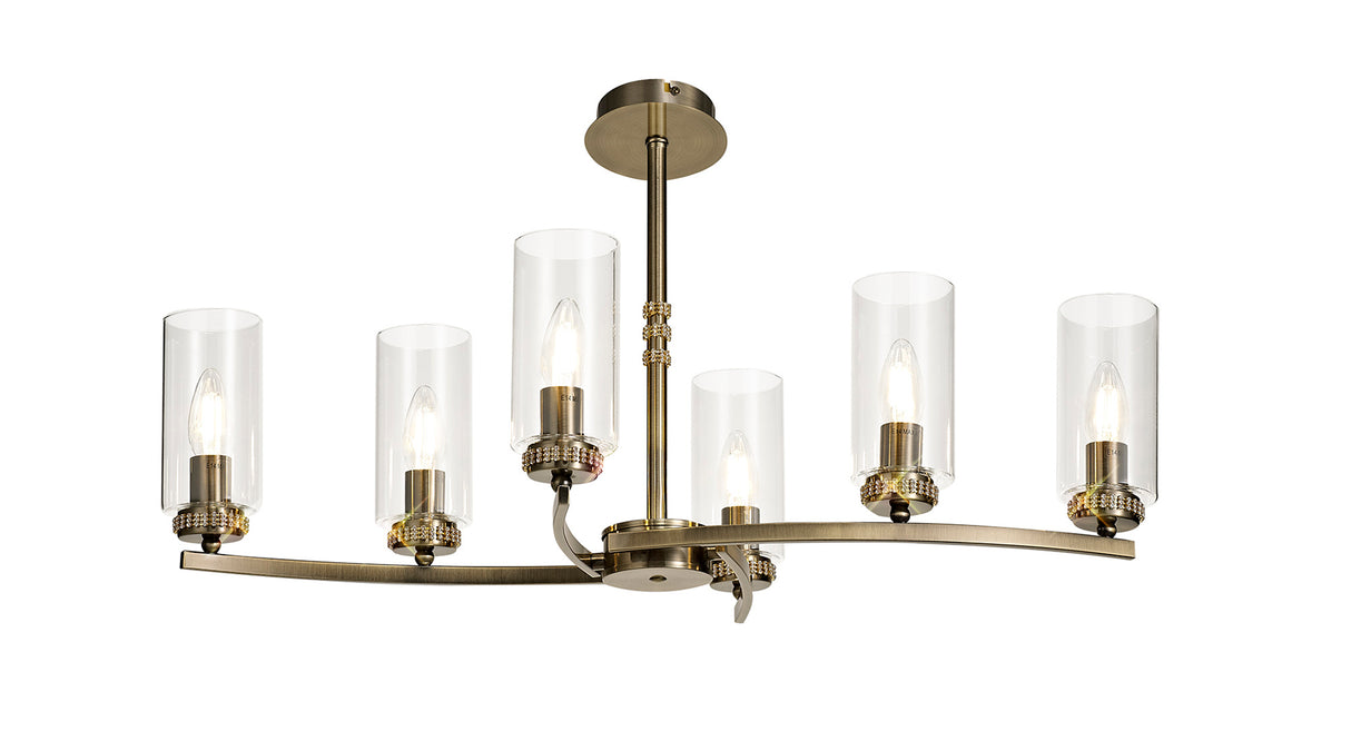 DAB7237 Dabih Rectangular Pendant/Semi Ceiling 6 Light in a Antique Brass/Clear Finish and Clear Crystal